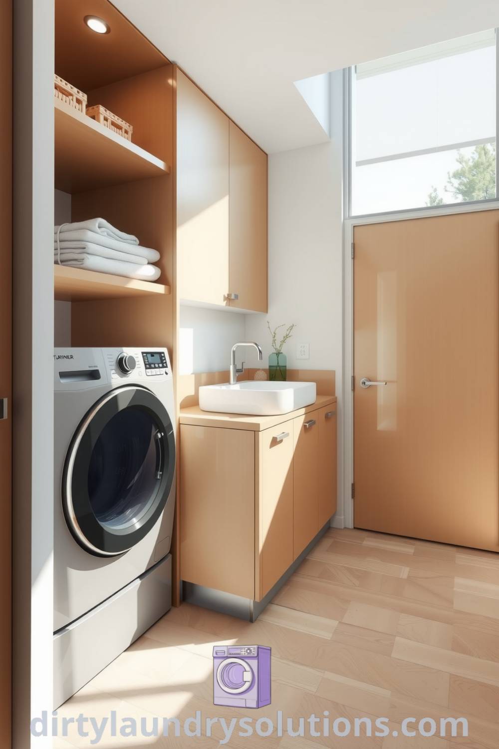 Modern laundry room featuring sleek cabinetry, minimalist shelves, bright natural light, and a simple white sink on a clean countertop, creating an inviting and organized space. Explore unique ideas and solutions to freshen up your space at dirtylaundrysolutions.com.