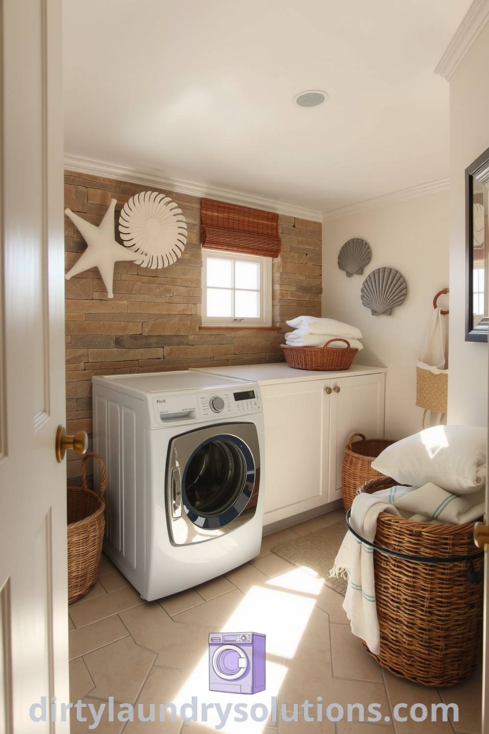 Cozy coastal basement laundry featuring light driftwood hues, seashell decorations, sturdy washer and dryer against stone walls, and organized woven baskets, creating a serene seaside atmosphere. Explore inspiring ideas for your home at dirtylaundrysolutions.com.