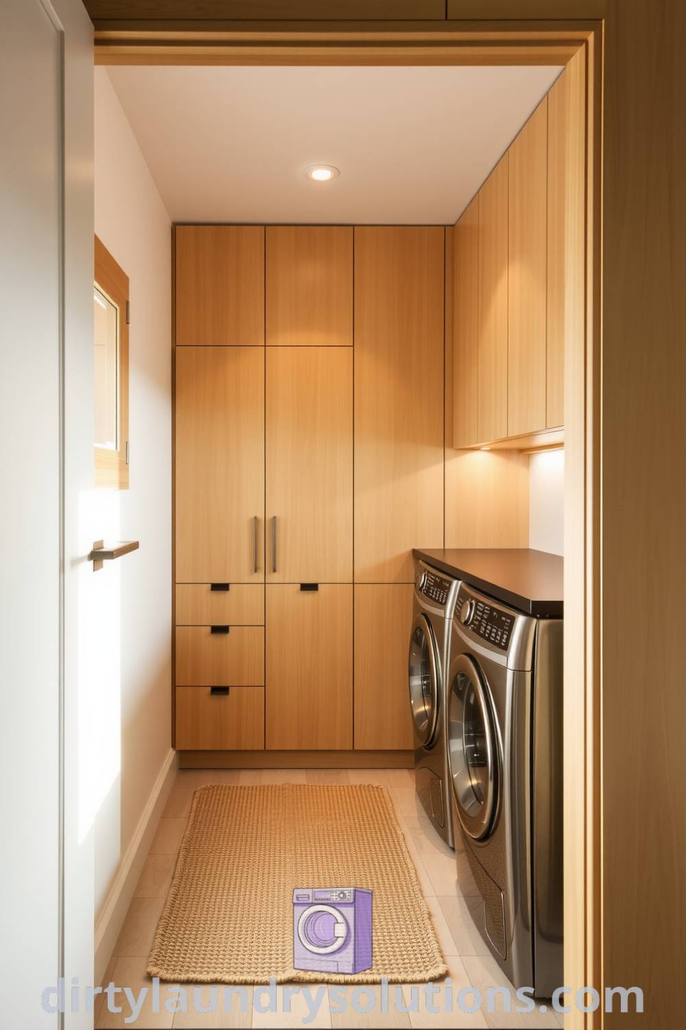 Minimalist laundry room showcasing light wood cabinetry, stainless steel appliances, and a cozy woven rug, creating a serene and functional space. Explore inspiring ideas for your home at dirtylaundrysolutions.com.