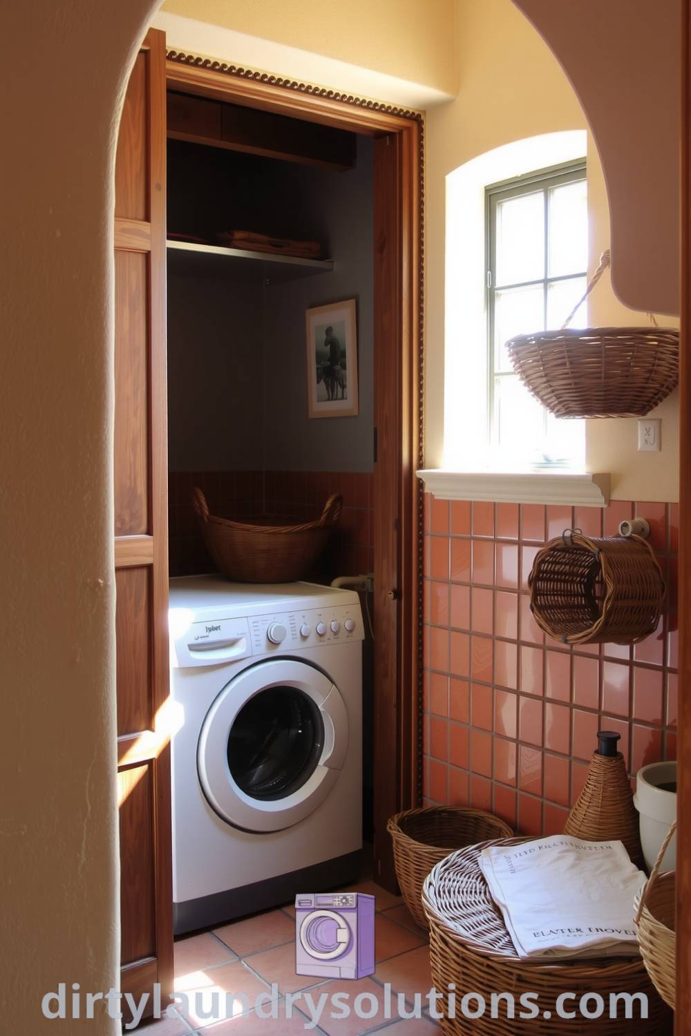 Cozy laundry area with rustic wooden doors, warm terracotta tiles, and woven baskets, creating an inviting space filled with sunlight. Explore inspiring ideas for your home at dirtylaundrysolutions.com.