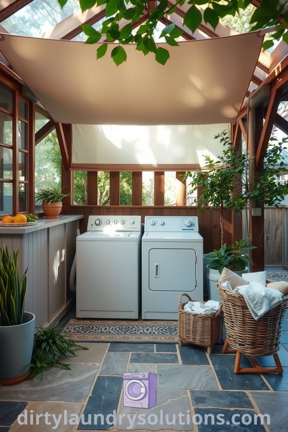 Cozy outdoor laundry space with weathered stone tiles, wooden beams, potted plants, and a wicker basket full of fresh linens, offering functional yet charming design ideas for a cozy home. Find more inspiring ideas at dirtylaundrysolutions.com.