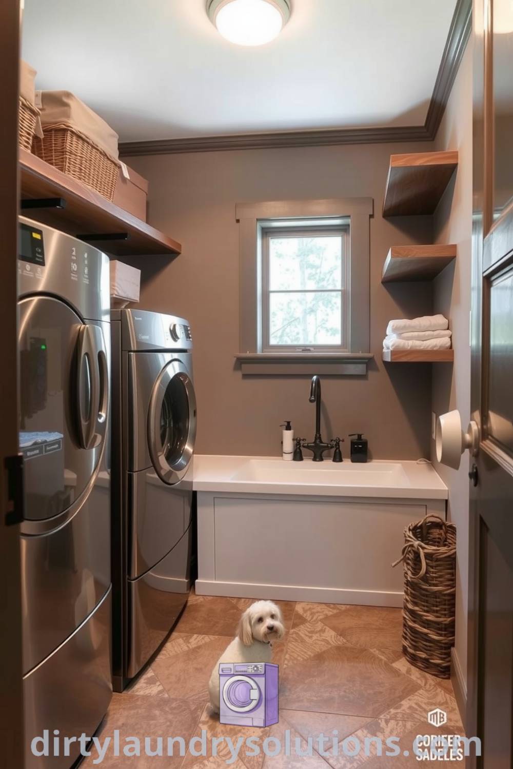 Cozy laundry room featuring a pet wash station, sleek metal appliances, rustic wooden shelving, and sunlit stone tile floor, providing practical and charming design ideas for your home. Discover more inspiring ideas at dirtylaundrysolutions.com.