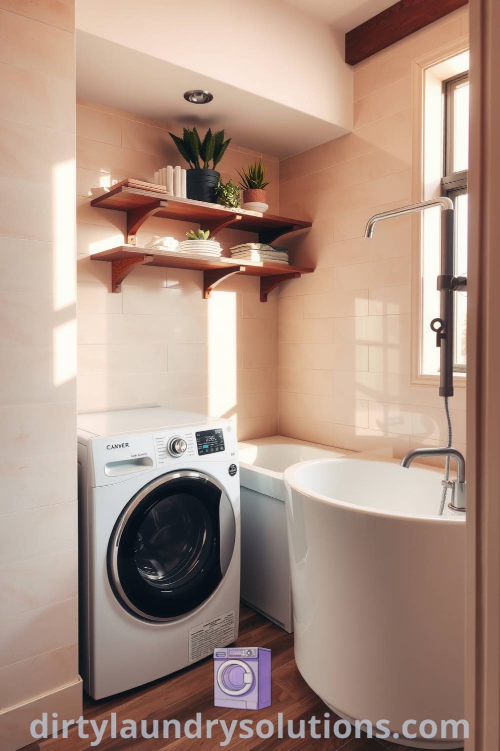 Stylish laundry room with a sleek washer and dryer, warm muted tile walls, a dedicated pet wash station, wooden shelves with potted plants, creating a cozy and functional space. Get more inspiring ideas for your home at dirtylaundrysolutions.com.