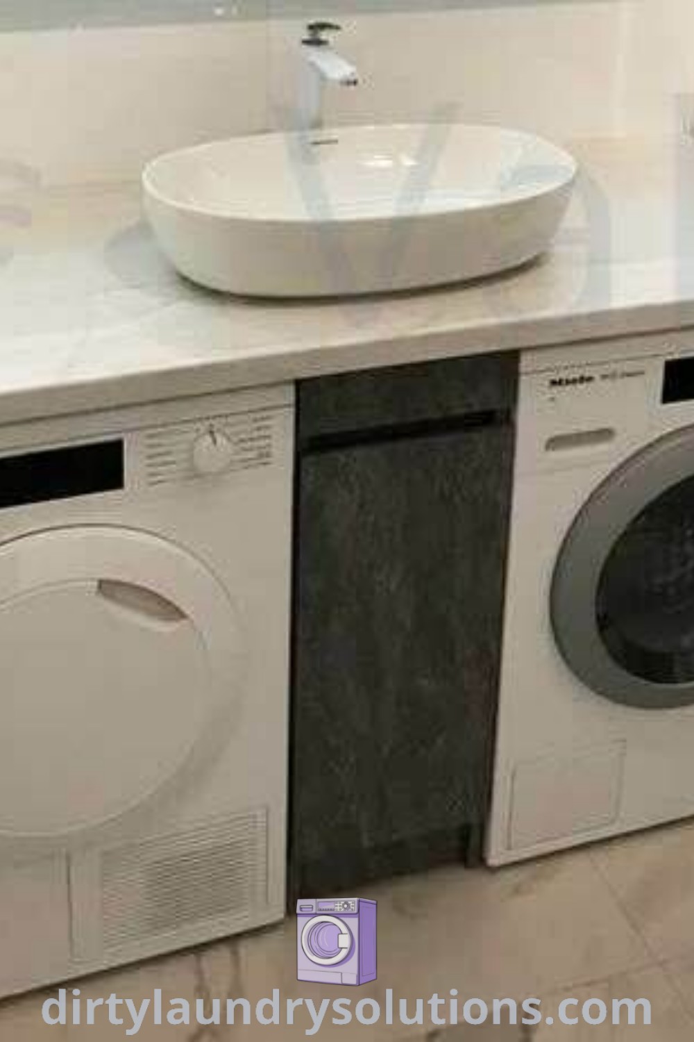 A washer and dryer under the sink in a bathroom next to a shower, showcasing efficient use of space for a cozy home. Discover organization ideas and inspiring solutions for small bathrooms at dirtylaundrysolutions.com.