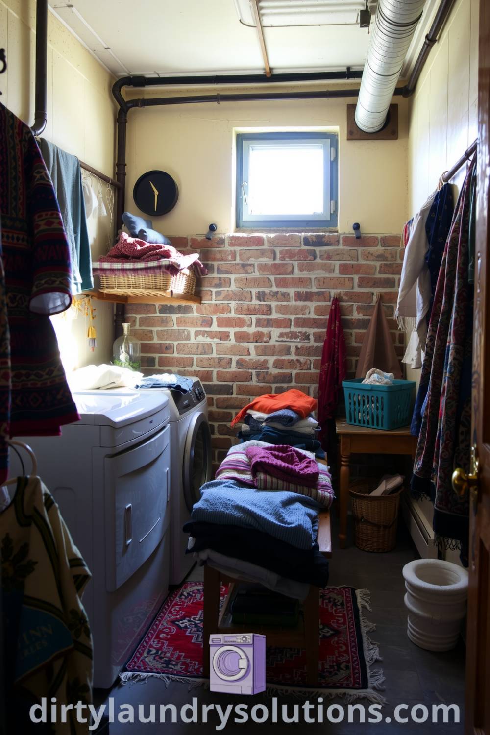 Cozy bohemian laundry space with eclectic textiles, vintage decor, rustic wooden table, and colorful rug, offering inspiring ideas for small spaces. Discover more unique ideas for your home at dirtylaundrysolutions.com.