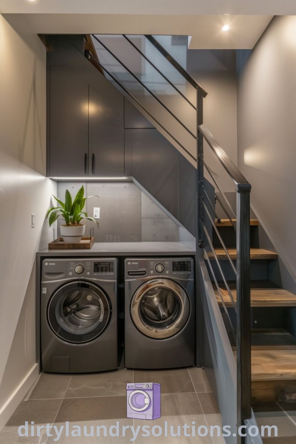 A cozy under stair utility room featuring a washer and dryer, with stairs leading up to the second floor, showcasing unique ideas for small spaces and inspiring organization solutions. Explore more designs and ideas for your home at dirtylaundrysolutions.com.