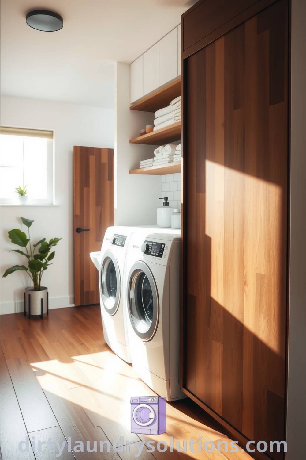 Cozy hallway laundry with built-in shelves, soft golden lighting, warm wood flooring, and a touch of greenery, creating an inviting and functional space. Discover inspiring ideas for your home at dirtylaundrysolutions.com.