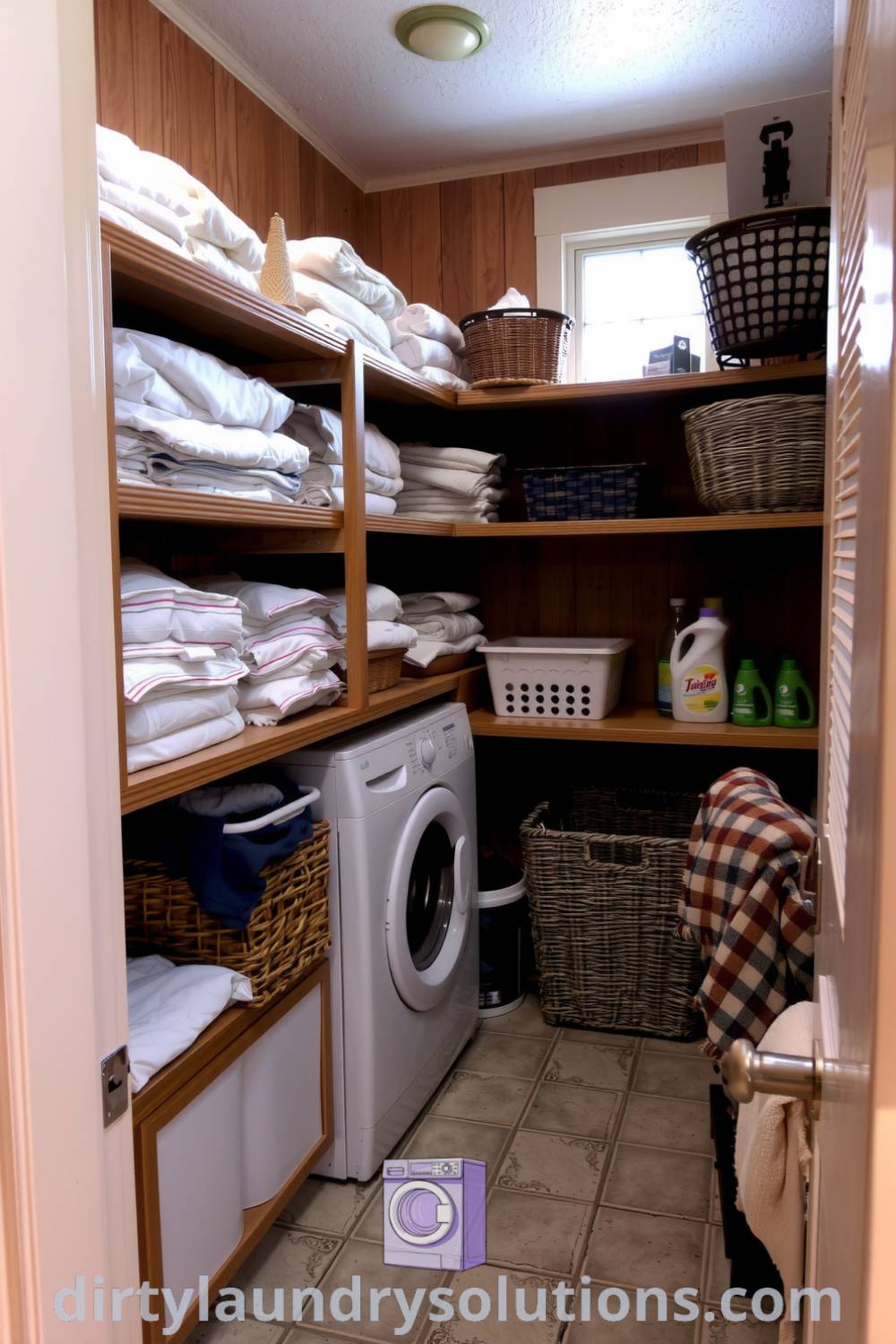 Cozy hidden laundry room featuring wooden shelving, neatly folded linens, soft natural light, and a warm ambiance that exemplifies practical design ideas for small spaces. Explore unique ideas for your home at dirtylaundrysolutions.com.