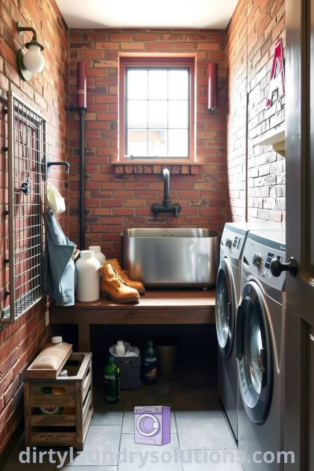 Cozy industrial mudroom laundry featuring exposed brick walls, a large stainless steel sink, a wooden bench, and vintage crates for practical storage, creating a warm and inviting atmosphere. Explore inspiring ideas for your home at dirtylaundrysolutions.com.