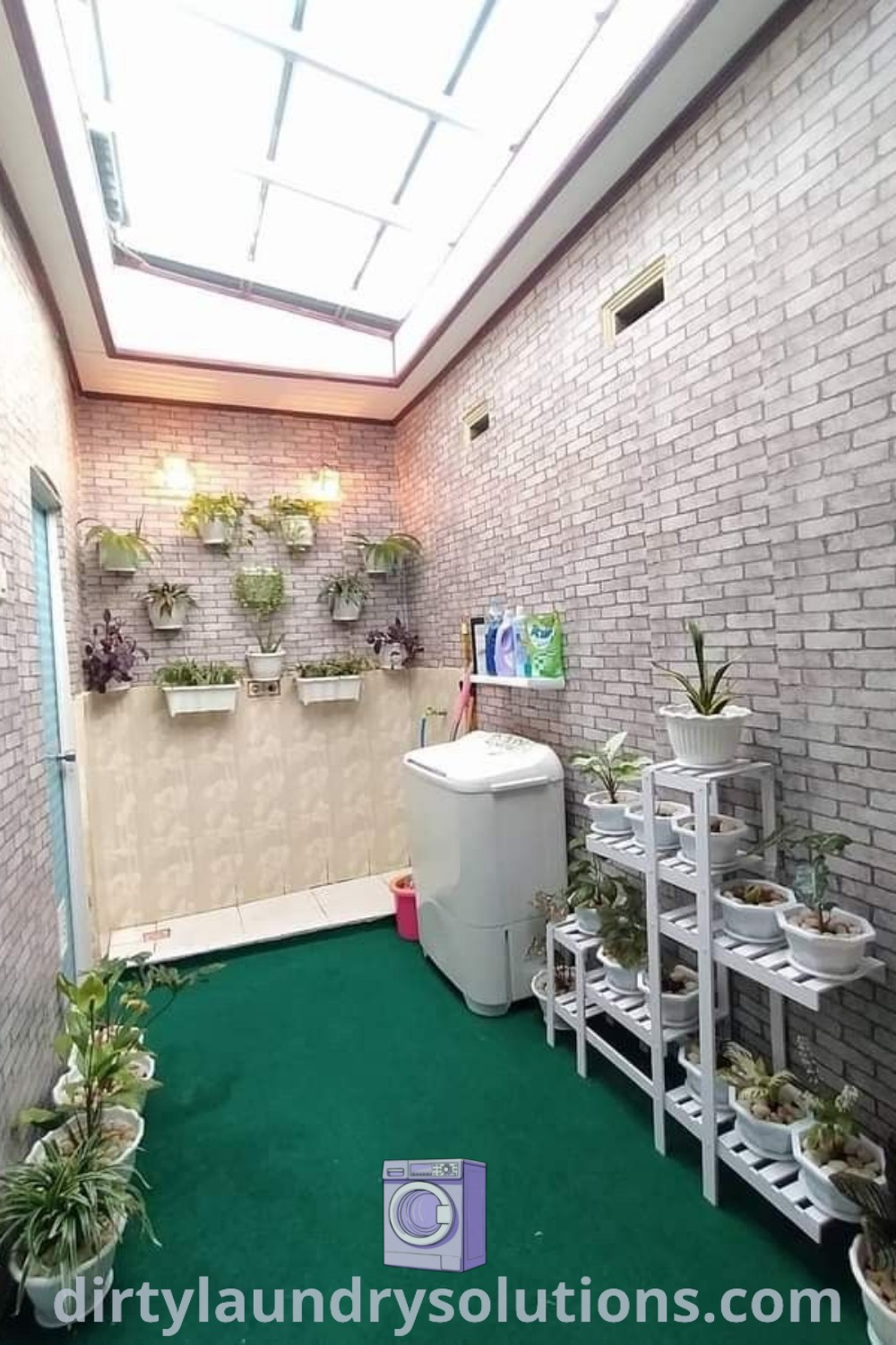 A vibrant outdoor laundry room filled with potted plants, showcasing modern minimalist home design. Discover inspiring ideas for your home and organization solutions at dirtylaundrysolutions.com.