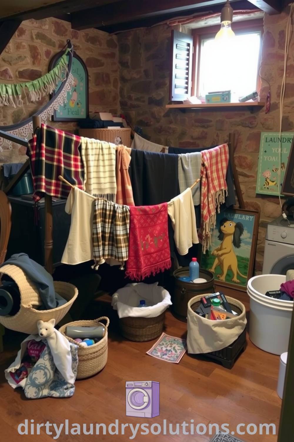 Cozy bohemian basement laundry with exposed stone walls, vintage textiles, wooden drying rack, and handmade baskets, offering inspiring design ideas for small spaces and practical organization solutions. Explore more cozy ideas for your home at dirtylaundrysolutions.com.