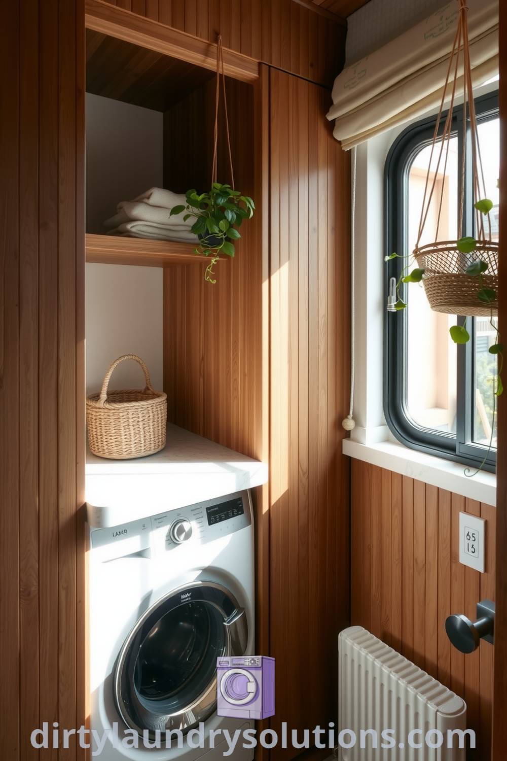 Laundry nook with smooth stone countertop, warm wooden cabinetry, and natural light, showcasing Japandi aesthetic elements like woven baskets and hanging plants for a cozy home vibe. Explore inspiring design ideas for your home at dirtylaundrysolutions.com.