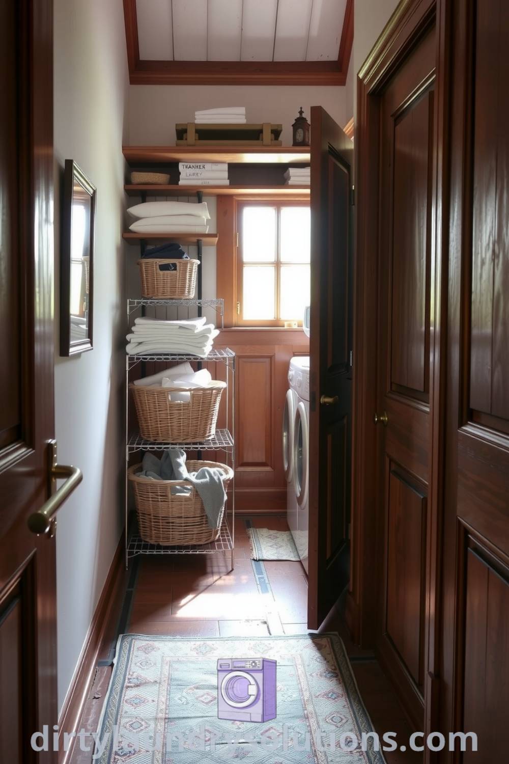 Cozy hallway laundry adorned with warm wooden cabinetry, aged stone flooring, and fresh laundry baskets, creating an inviting atmosphere with character. Explore inspiring ideas for your home at dirtylaundrysolutions.com.
