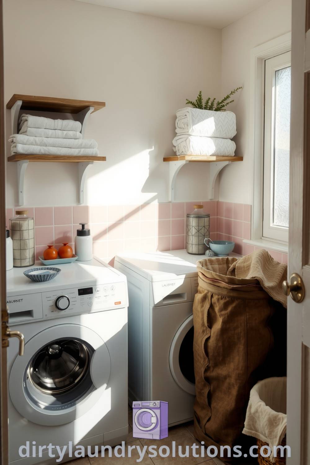 Cozy bathroom laundry area featuring worn wooden shelves with folded towels, a vintage laundry basket, and warm sunlight streaming through a frosted window, creating an inviting atmosphere. Discover unique ideas for your home at dirtylaundrysolutions.com.
