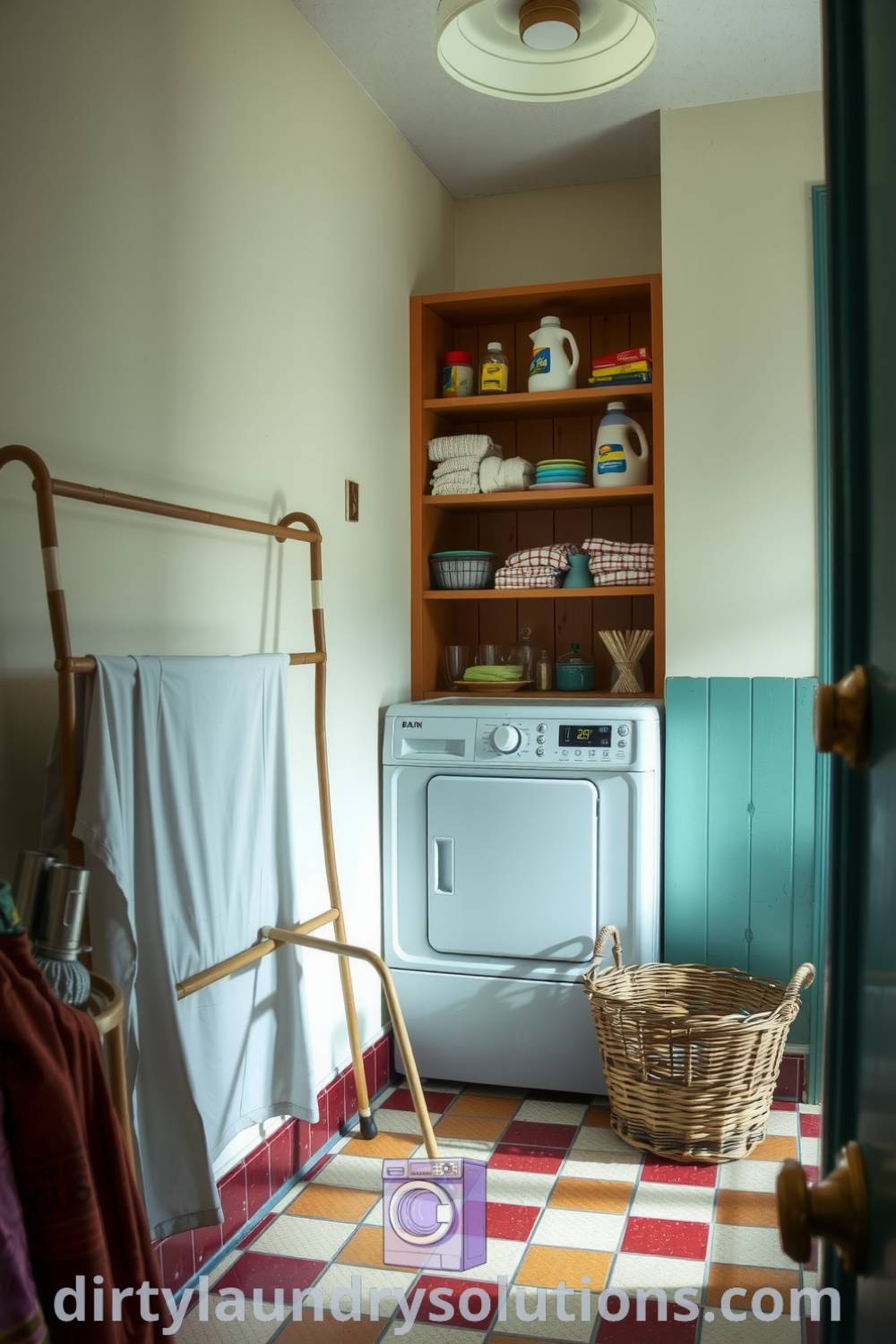 Cozy retro hallway laundry with checkered linoleum, pastel walls, vintage drying rack, and wicker basket, creating an inviting space filled with nostalgia and practical storage solutions. Explore inspiring ideas for your home at dirtylaundrysolutions.com.