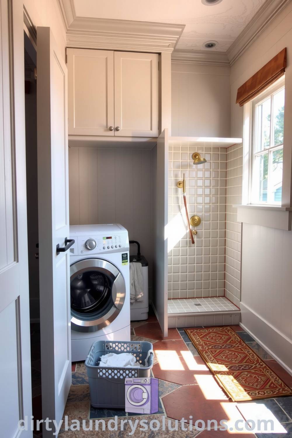 Inviting laundry area with washer, dryer, pet wash shower, calming cabinetry, rustic stone flooring, and natural light, creating a cozy atmosphere. Explore unique ideas for your home at dirtylaundrysolutions.com.