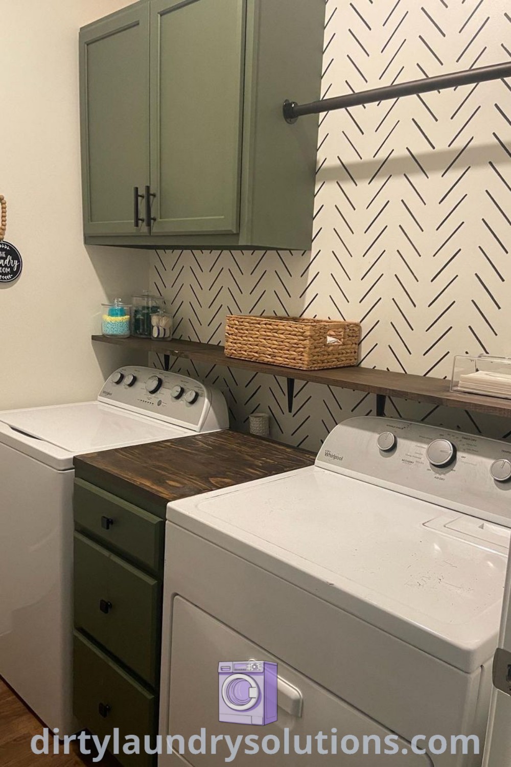 A small laundry room with a washer and dryer adjacent to green cabinets, showcasing cozy basement renovations ideas for improved functionality. Discover more inspiring decor and organization ideas at dirtylaundrysolutions.com.
