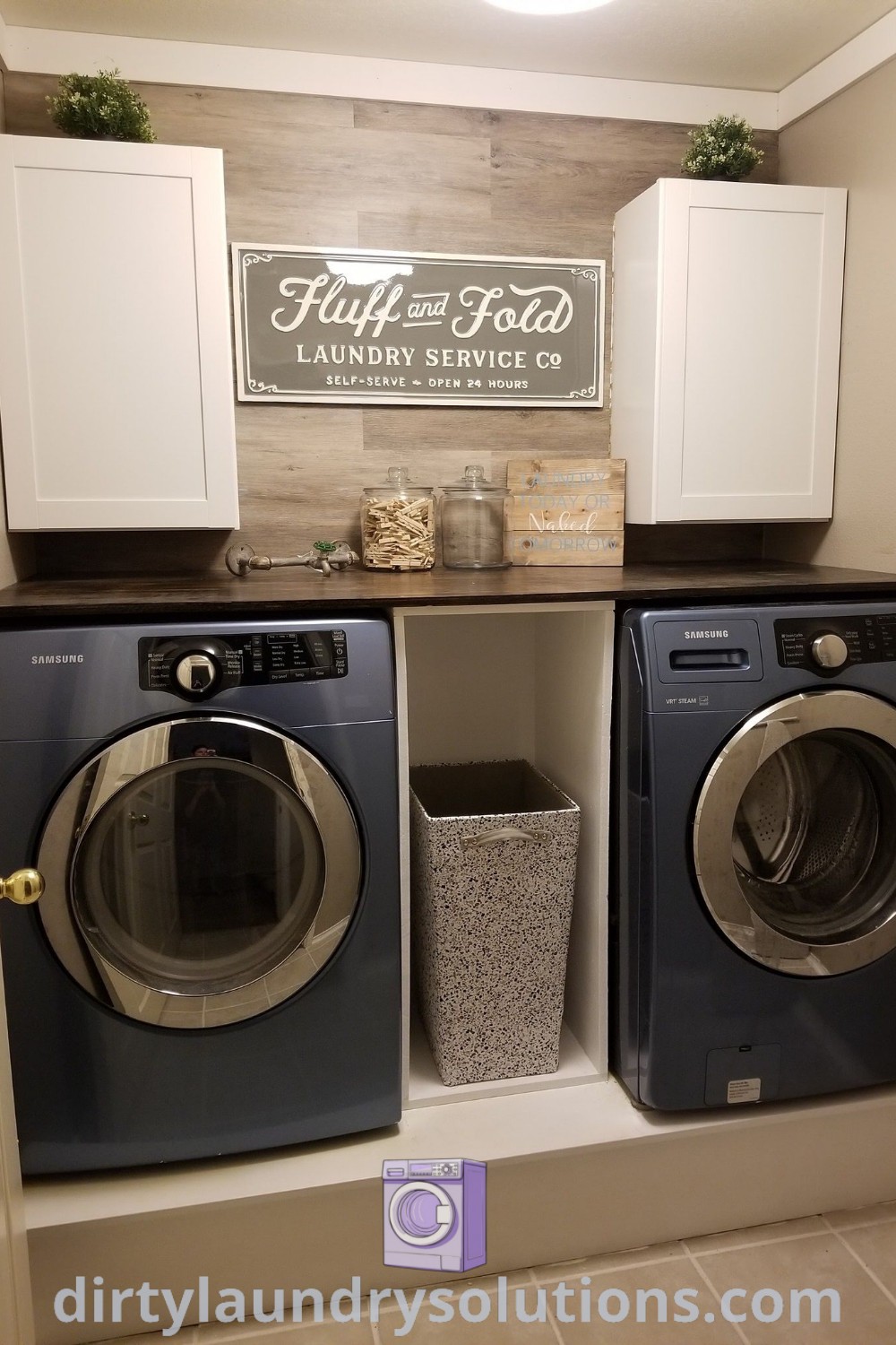 A stylish laundry room with a washer and dryer on a pedestal, featuring organized storage and design ideas that enhance the cozy aesthetic. Discover more inspiring laundry room updates at dirtylaundrysolutions.com.
