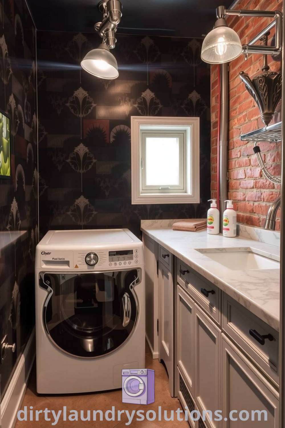 Art Deco inspired basement laundry with ornate geometric patterns, polished metal fixtures, antique marble countertop, and exposed brick walls, creating a cozy aesthetic. Discover inspiring ideas for your home at dirtylaundrysolutions.com.