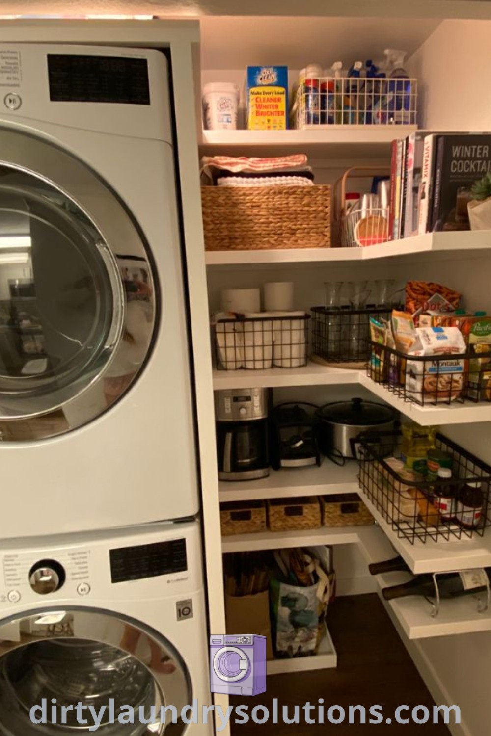 A closet featuring a washer and dryer side by side with shelves full of food, showcasing innovative laundry pantry combo ideas for small spaces. Discover more inspiring solutions for your home at dirtylaundrysolutions.com.