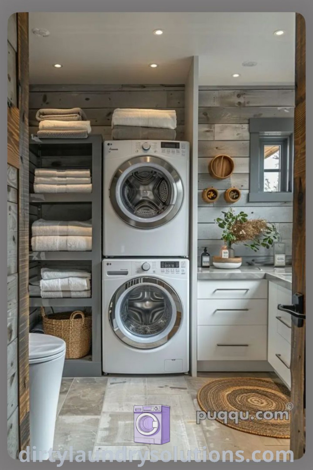 A large laundry room with a washer and dryer, shelves full of towels, showcasing stylish and functional design ideas like pantry utility room combos and stacked laundry options. For further inspiration, visit dirtylaundrysolutions.com.