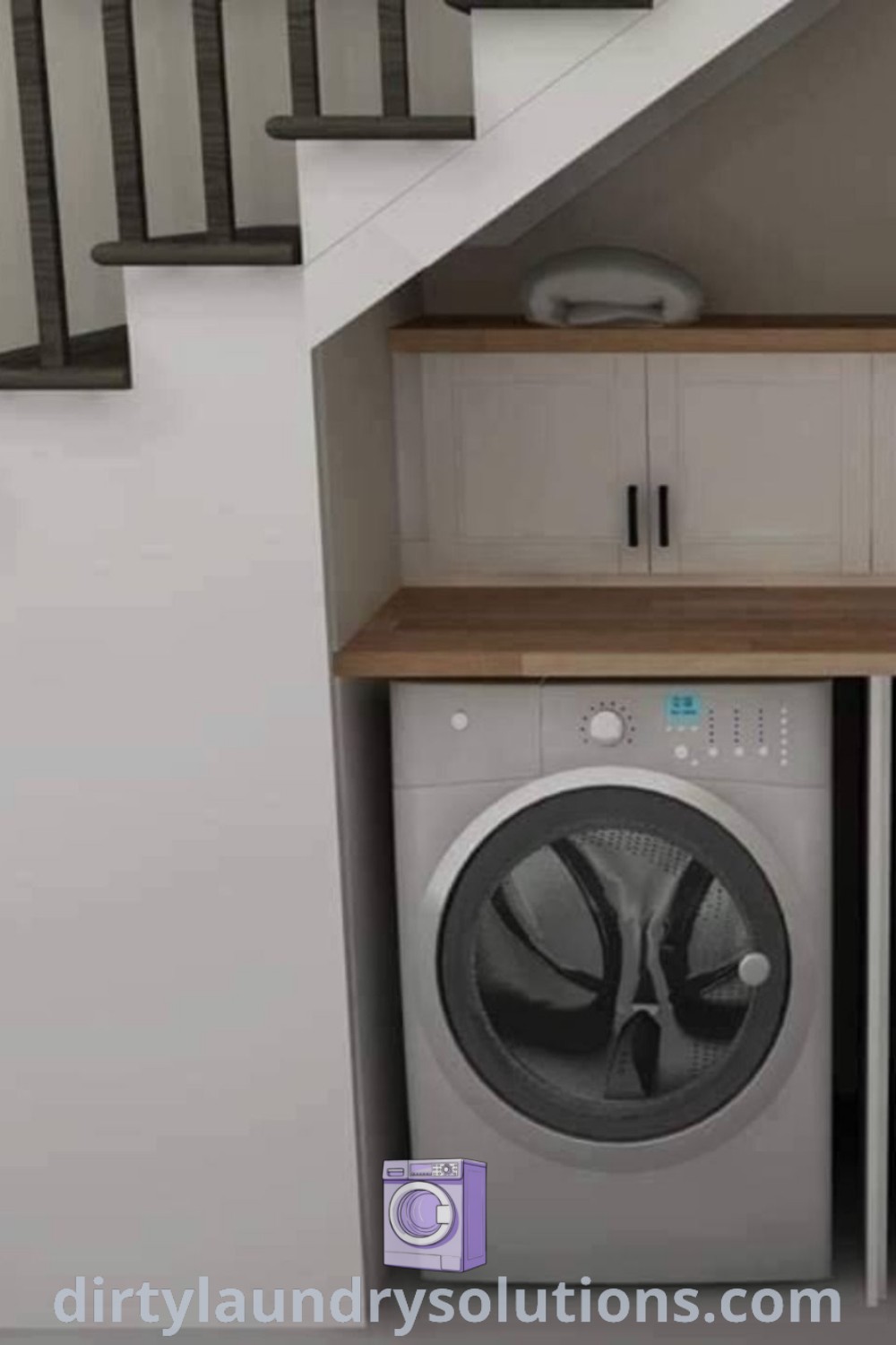 A washer and dryer located under the stairs in a small space, showcasing under stairs laundry solutions and organization ideas for busy homes. Discover unique ideas and inspirations for cozy aesthetics at dirtylaundrysolutions.com.