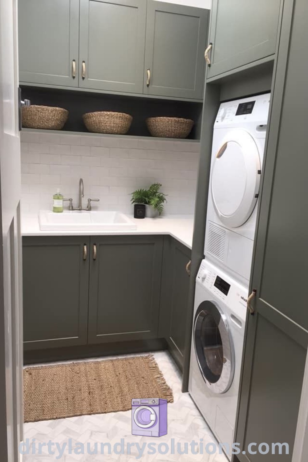 A cozy laundry room with a washer and dryer between green cupboards, highlighting organization ideas and decor inspirations for small spaces. Explore unique laundry room combinations and solutions at dirtylaundrysolutions.com.