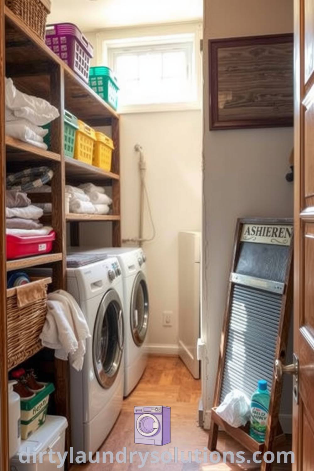 Cozy hidden laundry room featuring rustic wooden shelves, colorful baskets, and a vintage washboard, illuminated by morning light. Perfect for organization and inviting aesthetics, this design offers unique ideas for your home at dirtylaundrysolutions.com.