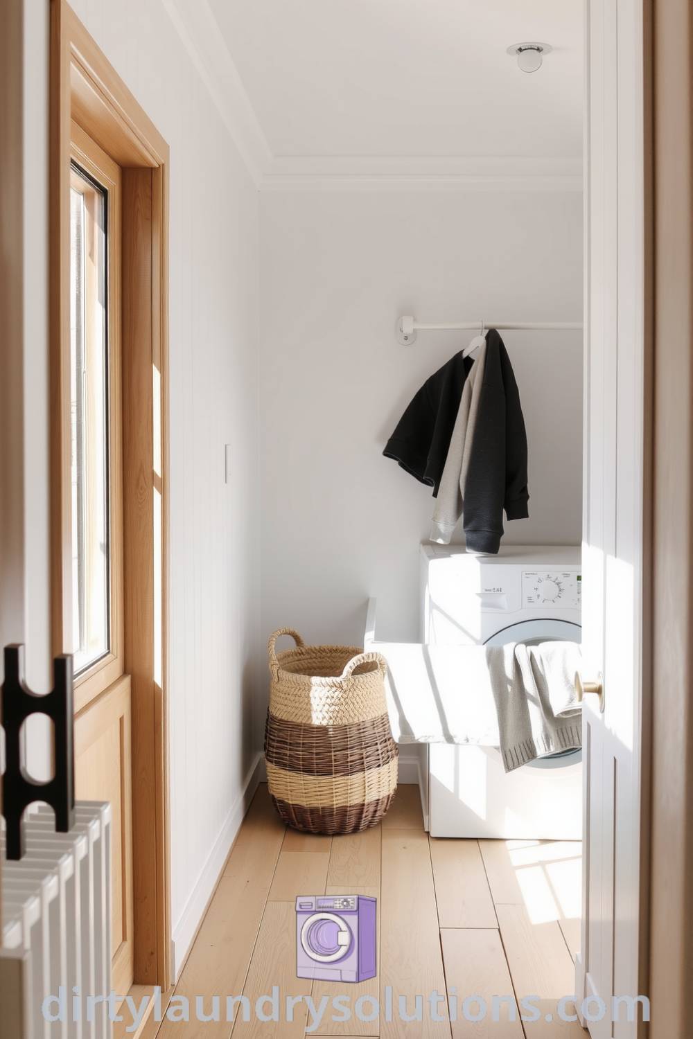 Scandinavian hallway laundry characterized by light-toned wood, soft white walls, and natural light, featuring a woven basket and minimal drying rack for an inviting atmosphere. Explore these cozy ideas for your home at dirtylaundrysolutions.com.