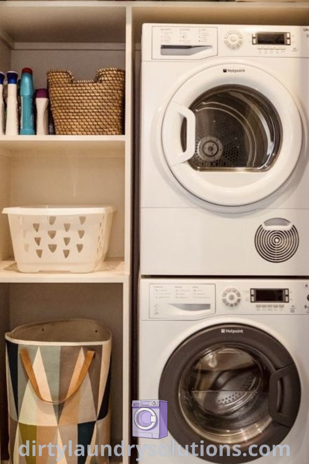 A cozy laundry closet showing a washer and dryer stacked on shelves, exemplifying smart organization solutions for small spaces. Discover more inspirations for laundry closet ideas at dirtylaundrysolutions.com.