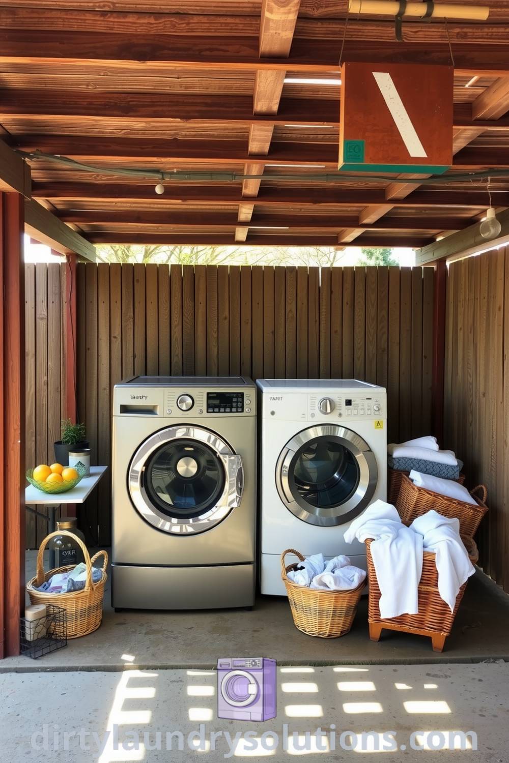 Cozy carport laundry featuring weathered metal washers, a sturdy dryer, and baskets of freshly laundered clothes, illuminated by sunlight filtering through the slatted roof, offering practical and inviting design ideas for busy homes. Discover more inspiring ideas for your home at dirtylaundrysolutions.com.