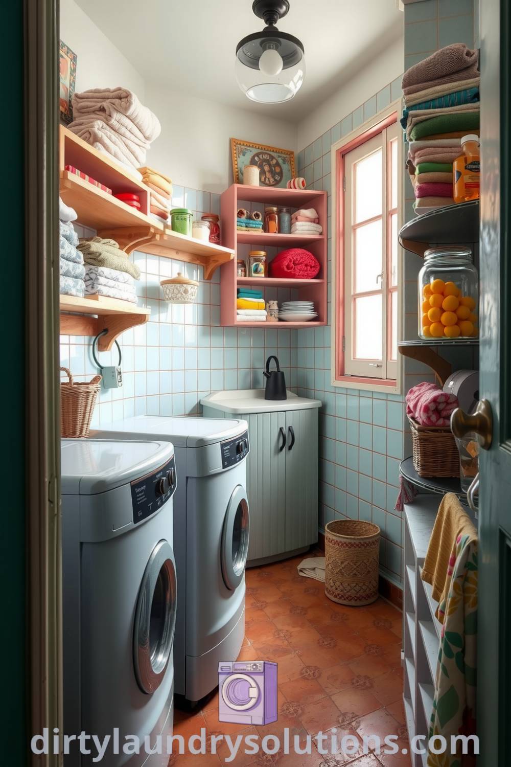 Charming retro hallway laundry with vintage tiles, wooden shelves filled with towels and laundry essentials, and soft natural light creating a cozy aesthetic. Explore inspiring ideas for your home at dirtylaundrysolutions.com.