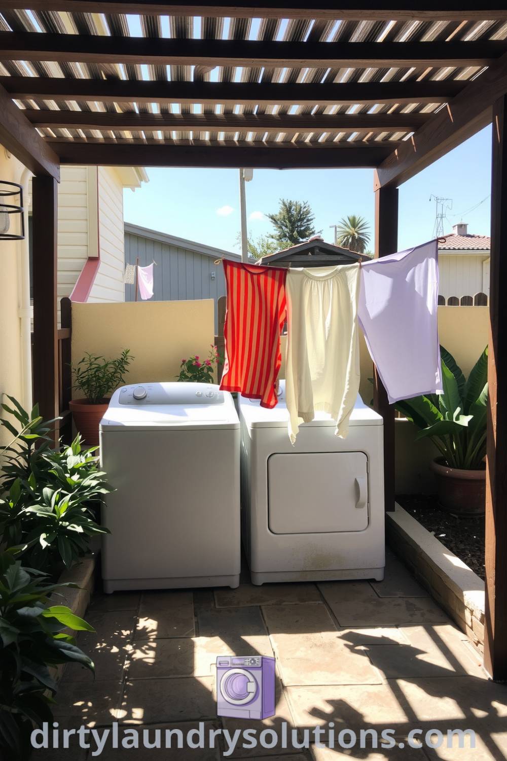 Cozy patio laundry with slatted wooden roof, sturdy washer and dryer, and freshly washed linens creating an inviting atmosphere filled with natural light. Explore cozy ideas for your home at dirtylaundrysolutions.com.