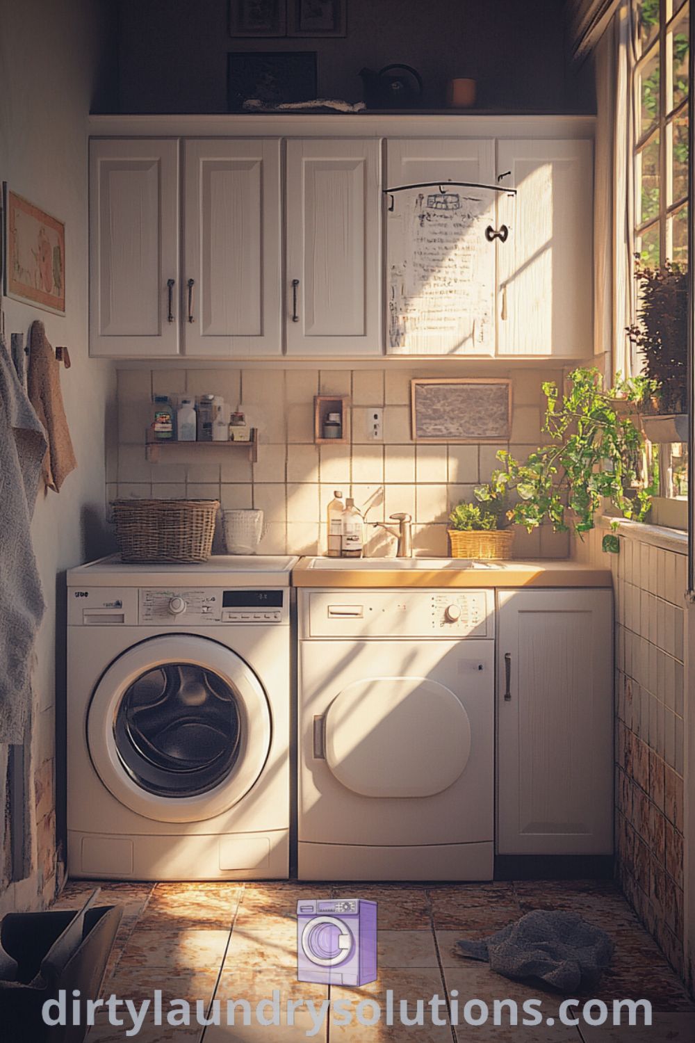 Cozy laundry room featuring white cabinets, faded tiles, and a warm atmosphere with a hint of fresh linen, showcasing inspiring ideas for small spaces. Find unique solutions to freshen up your space at dirtylaundrysolutions.com.