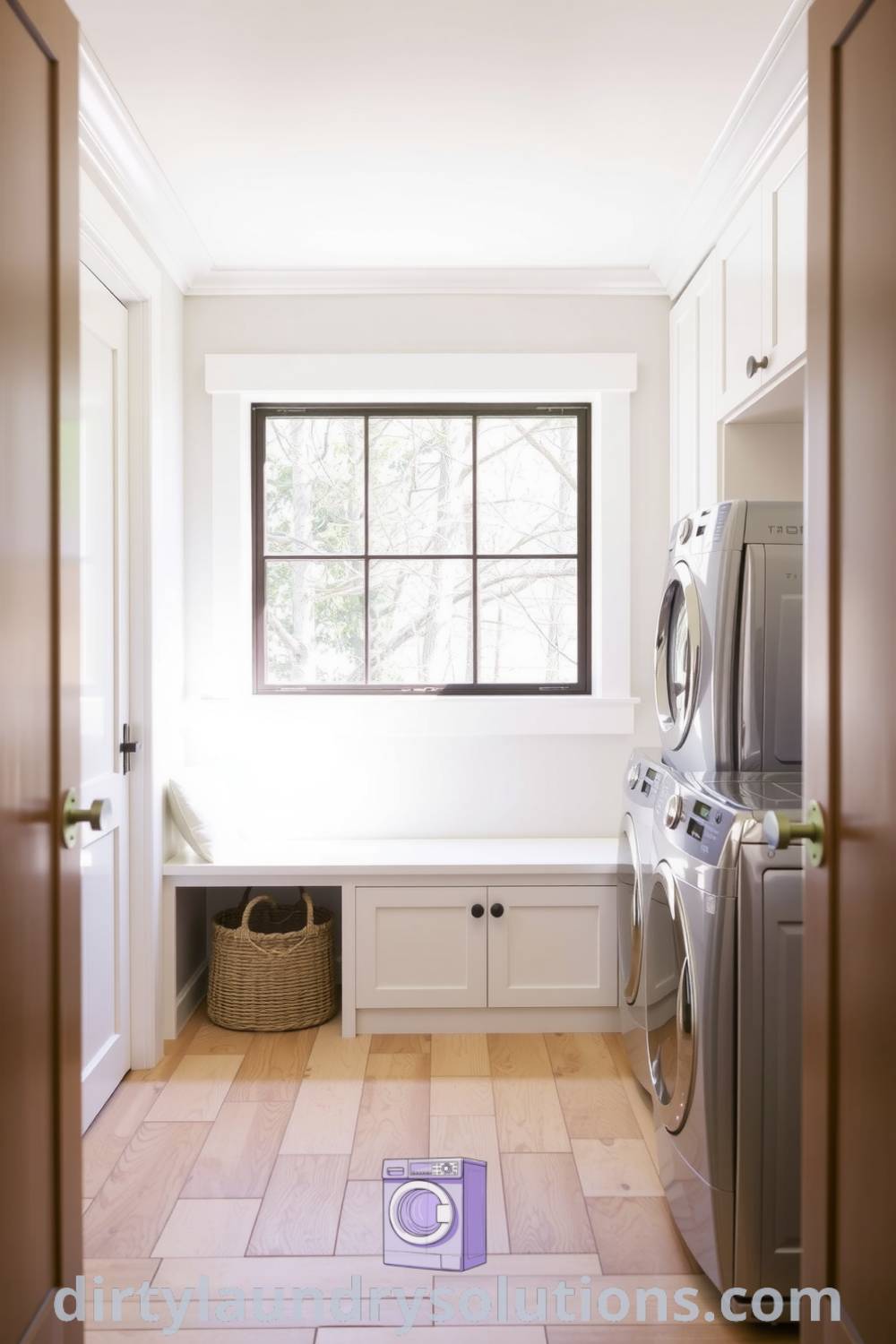 Minimalist mudroom laundry filled with natural light, featuring smooth white cabinetry, warm unfinished wood flooring, and functional bench with woven baskets for organization. Discover inspiring ideas for busy homes at dirtylaundrysolutions.com.