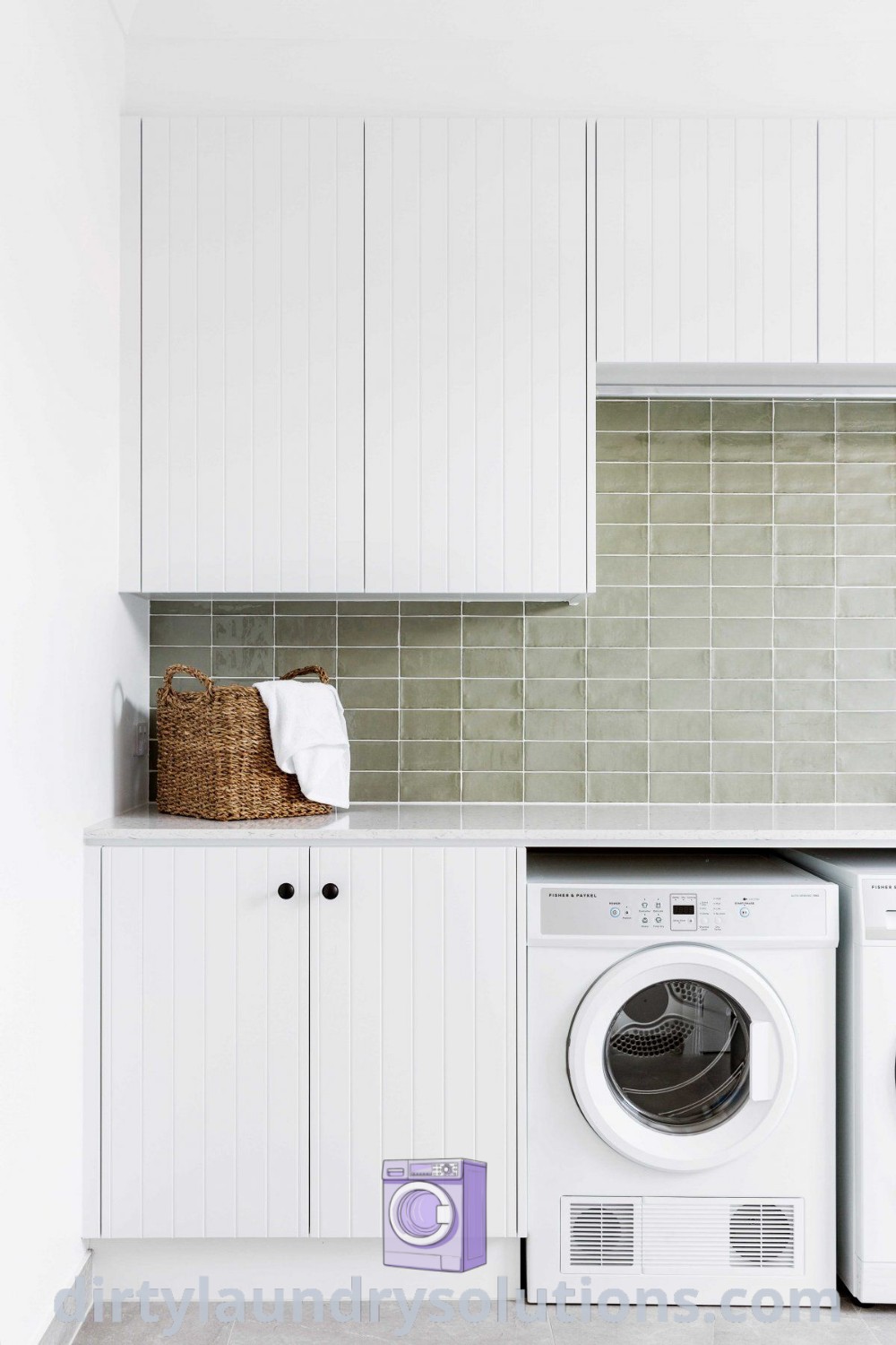A white washer and dryer in a stylish laundry room with a green tile backsplash and Ikea laundry room cabinets, showcasing clever organization ideas to enhance your home. Discover more design inspirations at dirtylaundrysolutions.com.