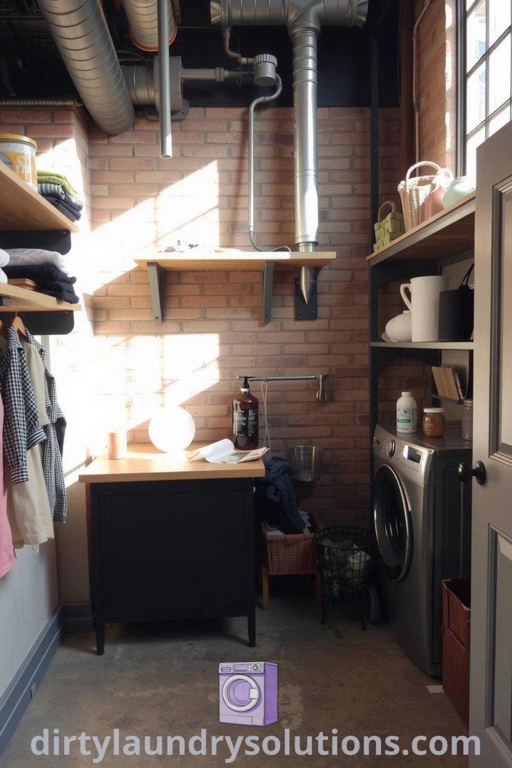 Industrial mudroom laundry featuring exposed brick walls, sturdy metal shelving, scuffed concrete floors, and a cluttered worktable, offering practical organization ideas and cozy aesthetics. Explore more unique ideas for your home at dirtylaundrysolutions.com.