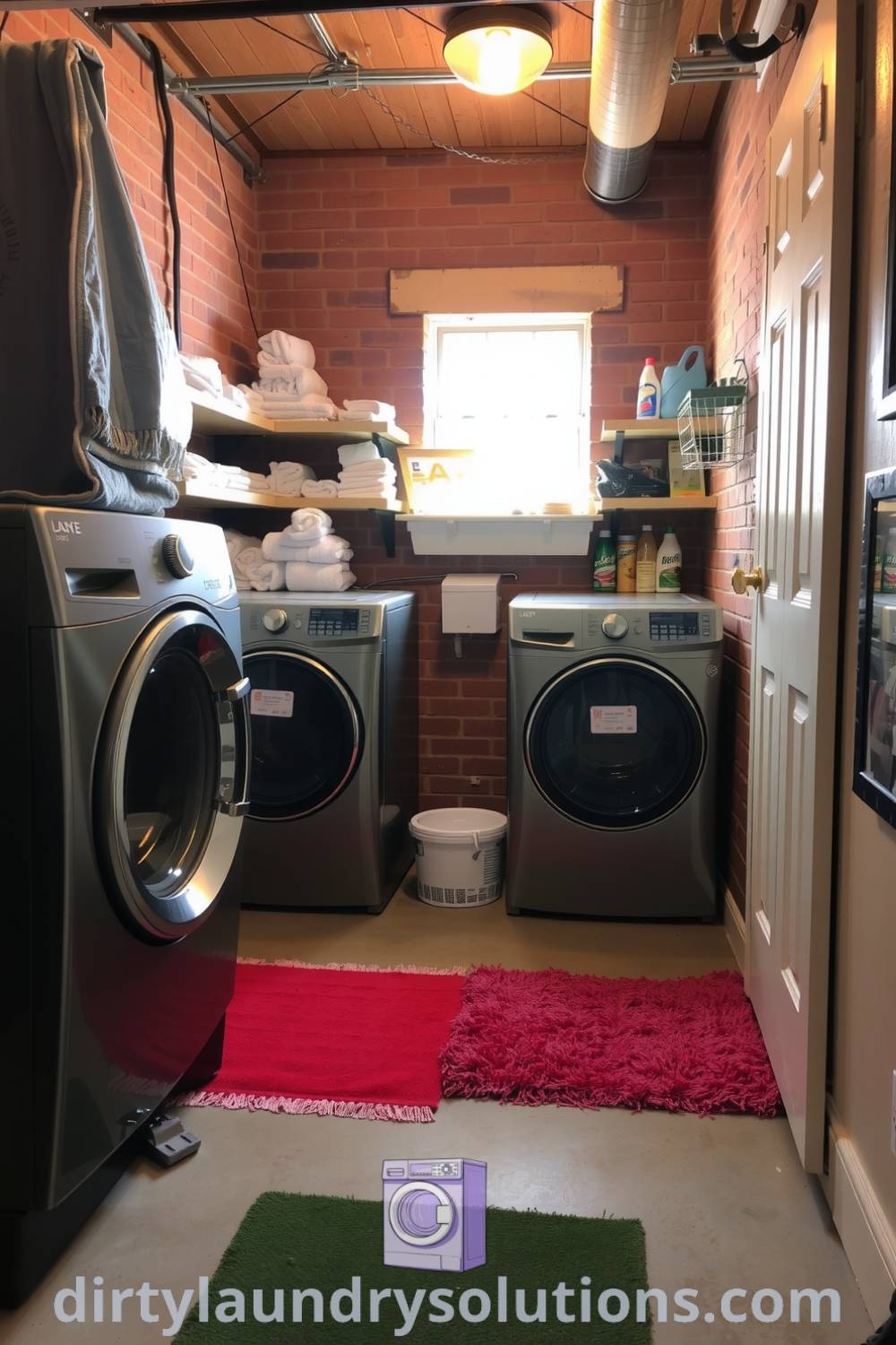 Cozy laundry basement with metal appliances, old brick walls, wooden shelving, and colorful towels, illuminated by natural light. Discover more inspiring ideas for your home at dirtylaundrysolutions.com.