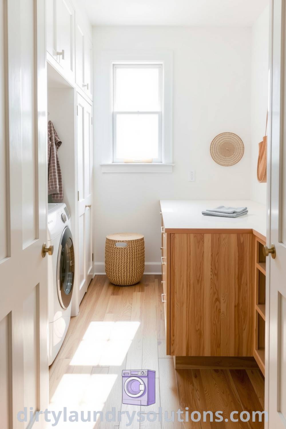 Minimalist mudroom laundry featuring soft white walls, natural wood accents, spacious countertop, and handcrafted baskets for organized storage. An inspiring cozy aesthetic that enhances everyday moments. Discover unique ideas for your home at dirtylaundrysolutions.com.