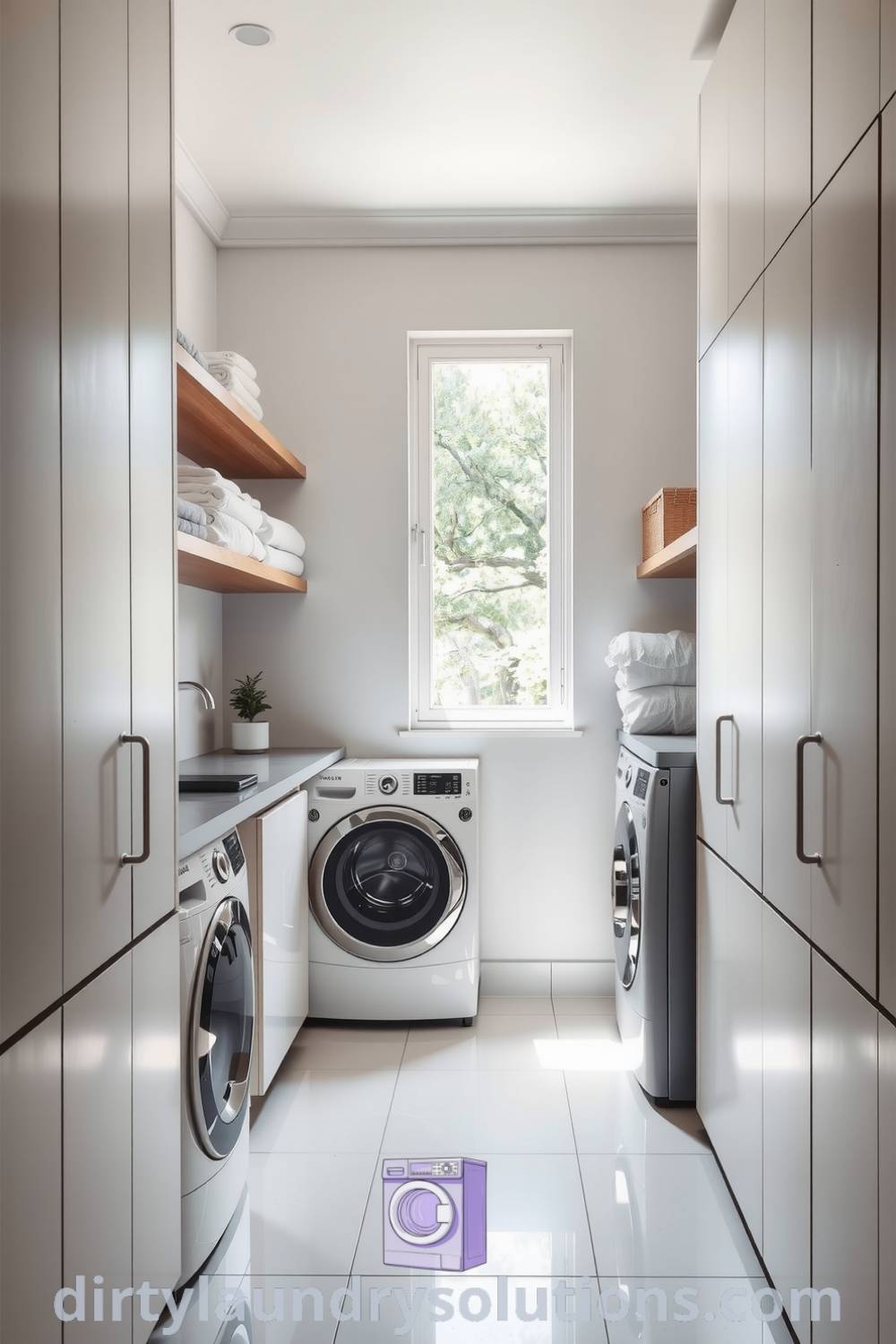 Bright and modern laundry hallway featuring sleek lines, glossy tiles, polished wood shelves with linens, natural light from large window, and a potted plant, ideal for cozy home organization ideas. Explore more at dirtylaundrysolutions.com.