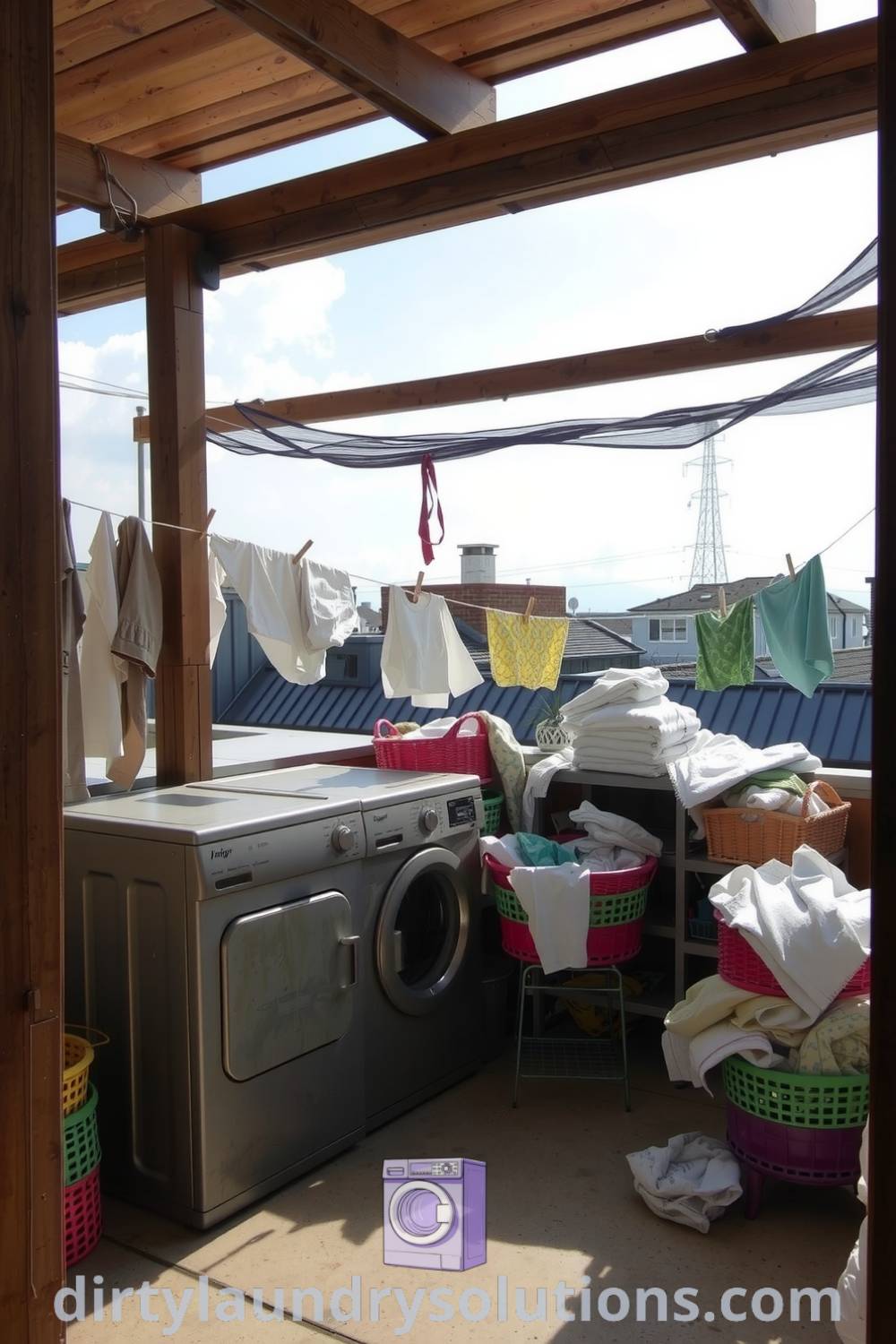 Rooftop laundry area with weathered metal appliances, colorful baskets of fresh linens, and rustic wooden beams, creating a cozy and inviting retreat with a view. Explore more inspiring ideas for your home at dirtylaundrysolutions.com.