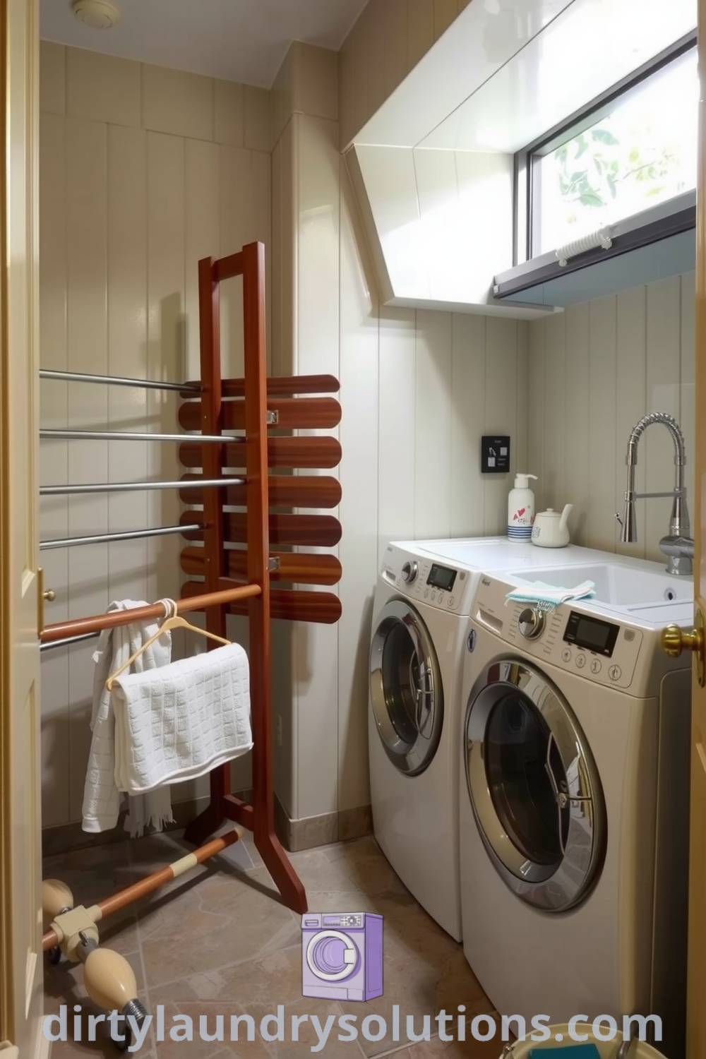Art Deco basement laundry featuring vintage geometric patterns, polished wood drying rack, deep sink, and worn stone floors, creating a cozy and functional space. Explore more inspiring ideas for your home at dirtylaundrysolutions.com.