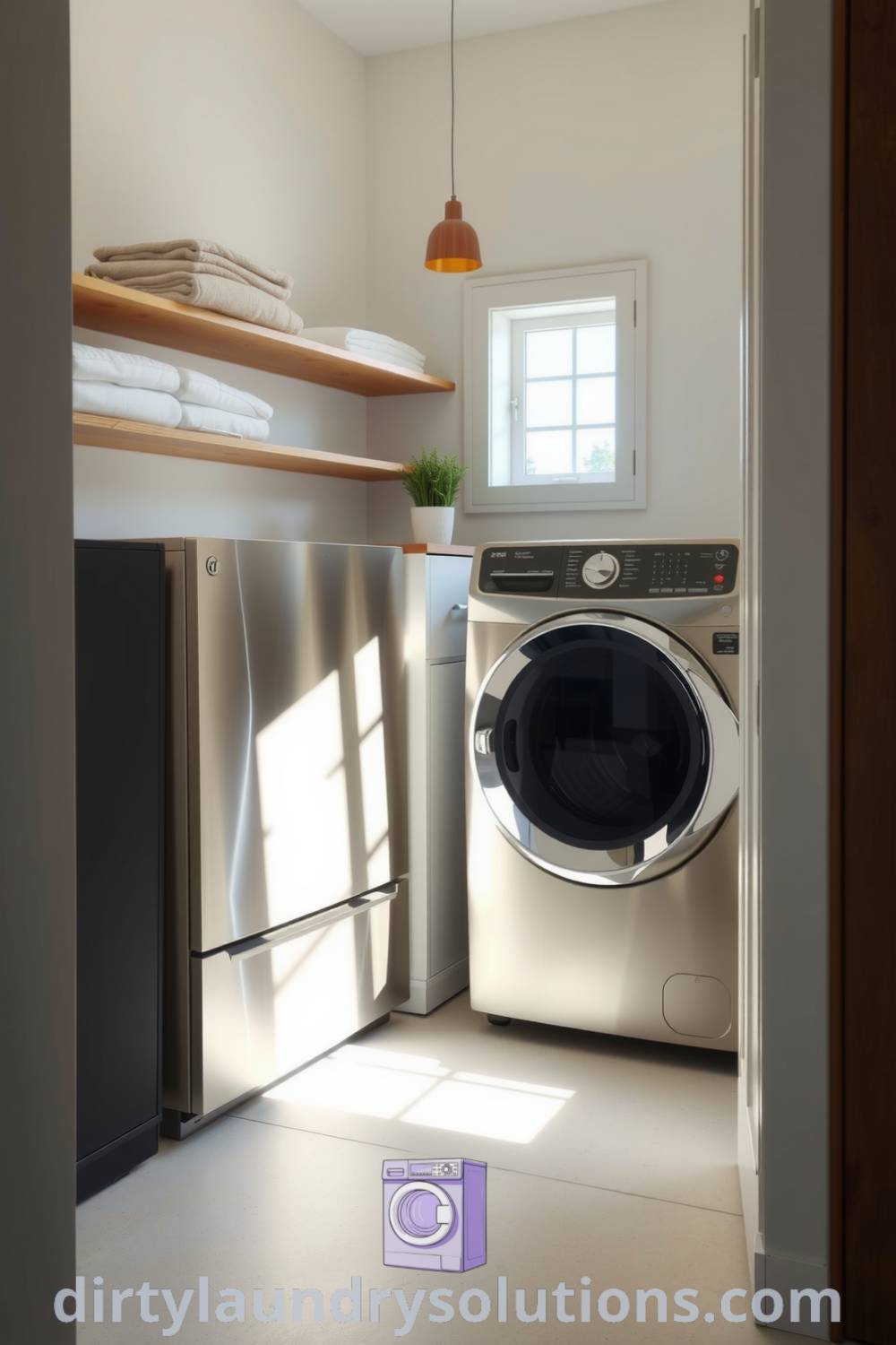 Cozy laundry room featuring stainless steel washer and dryer, rustic wooden shelves with folded linens and a potted plant, illuminated by soft sunlight, creating a warm and inviting space. Discover more cozy ideas for your home at dirtylaundrysolutions.com.