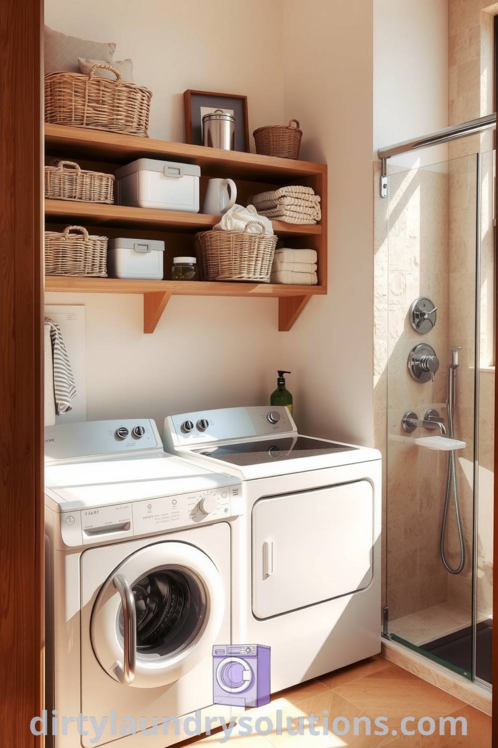 Cozy laundry space with sunny ambiance, rustic wood and soft-hued tiles, organized basketry on shelves, and a Pet Wash Shower featuring sleek stone walls and chrome fixtures. Discover inspiring ideas for your home at dirtylaundrysolutions.com.