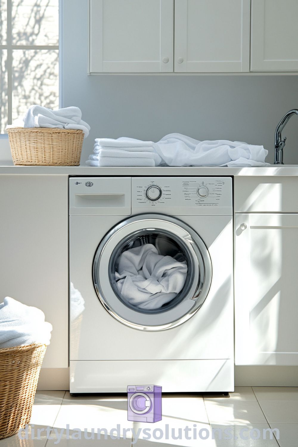 Cozy laundry room featuring white cabinets, a washer and dryer, folded linens, and scattered laundry baskets, creating an inviting and practical space. Explore more inspiring ideas for small spaces at dirtylaundrysolutions.com.