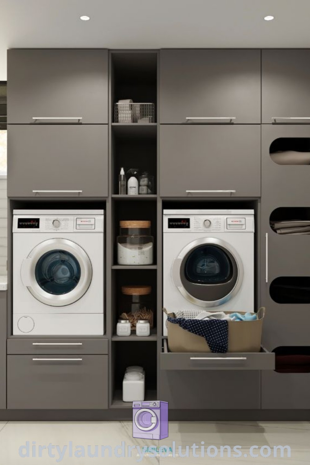 A modern laundry room featuring a washer and dryer with shelves, showcasing stylish design ideas for small spaces. This inspiring setup from dirtylaundrysolutions.com offers practical organization solutions and cozy aesthetics for busy homes.