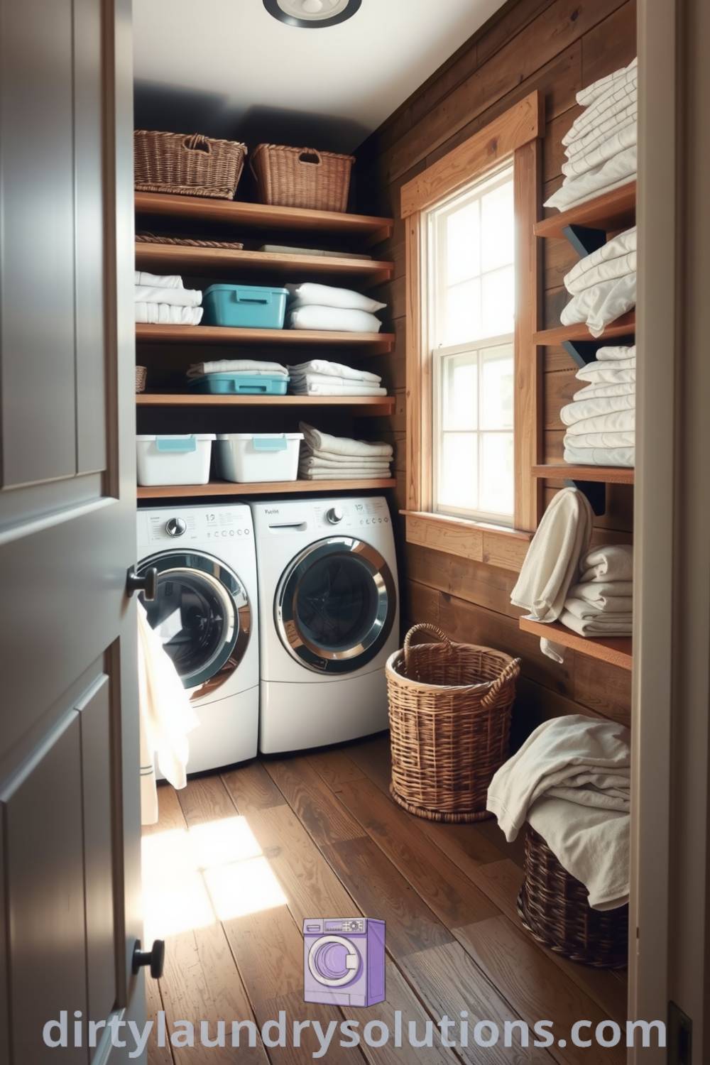 Cozy laundry room featuring rustic wooden shelves, colorful storage bins, and soft natural light, exuding farmhouse charm and inviting organization. Discover more design ideas for your home at dirtylaundrysolutions.com.