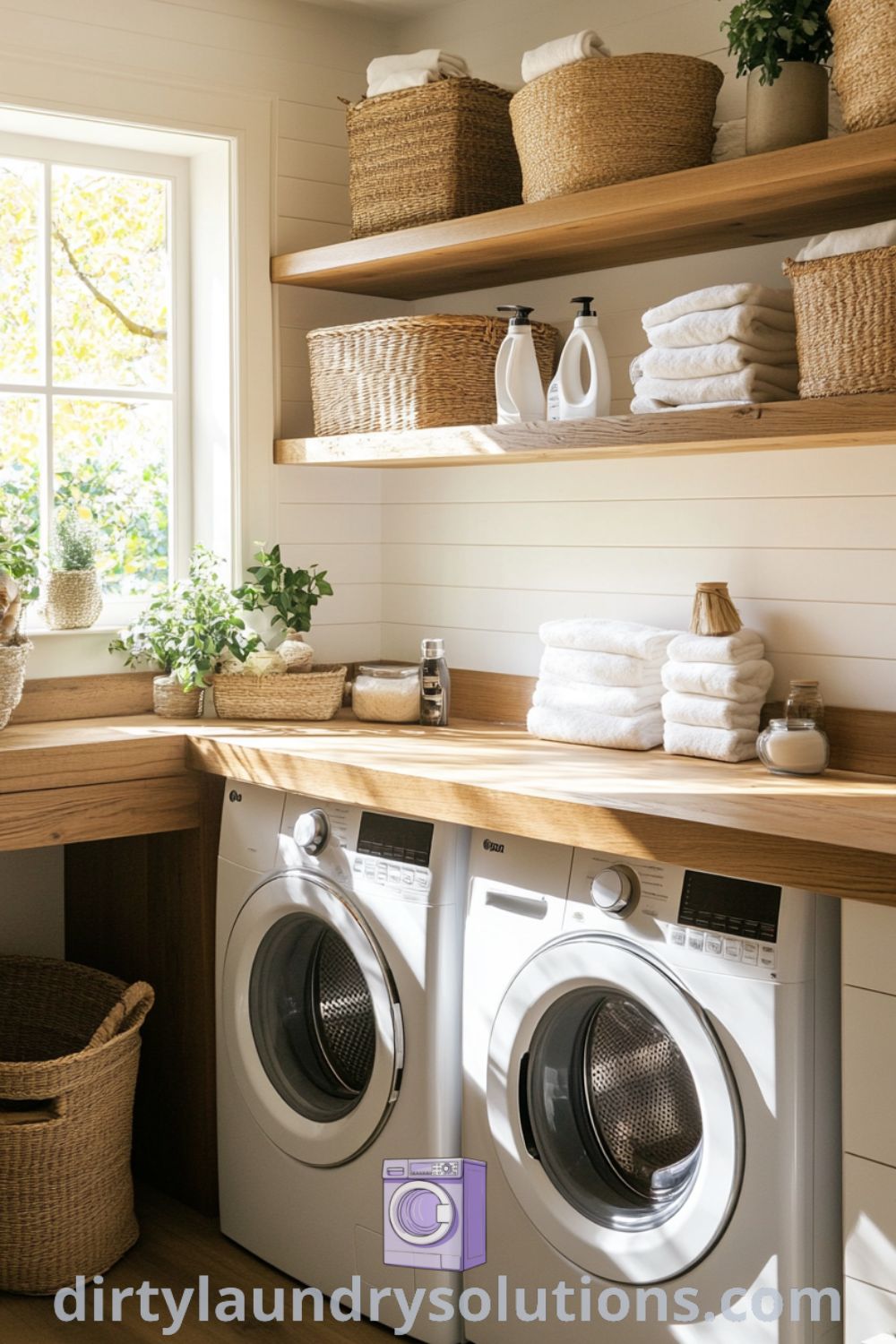Cozy laundry room featuring built-in rustic oak shelving, organized baskets, and soft golden light, creating an inviting atmosphere perfect for busy homes. Explore more inspiring ideas for your home at dirtylaundrysolutions.com.