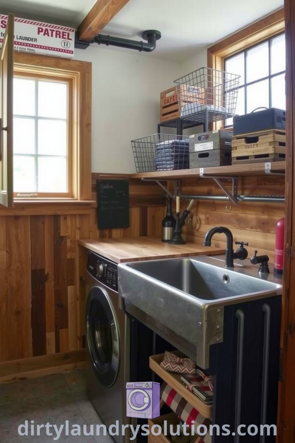 Industrial mudroom laundry featuring exposed metal fixtures, warm wood accents, large sink under a window, and organized vintage crates and wire baskets, creating a cozy yet functional space. Explore inspiring ideas for your home at dirtylaundrysolutions.com.
