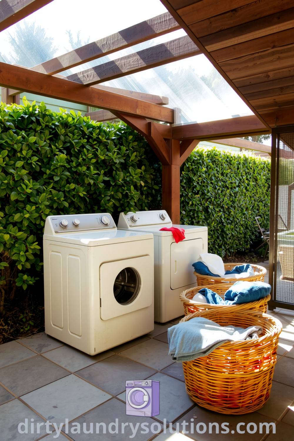 Cozy patio laundry area featuring vintage washers and dryers, smooth stone flooring, colorful baskets with folded clothes, and serene ambiance, perfect for busy homes seeking tranquility. Explore inspiring ideas for your home at dirtylaundrysolutions.com.
